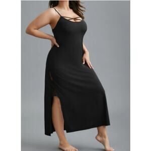 BLOOMCHIC 30 6X Plus Black Solid Crisscross Lace Trim Sleep Midi Dress NWT B81